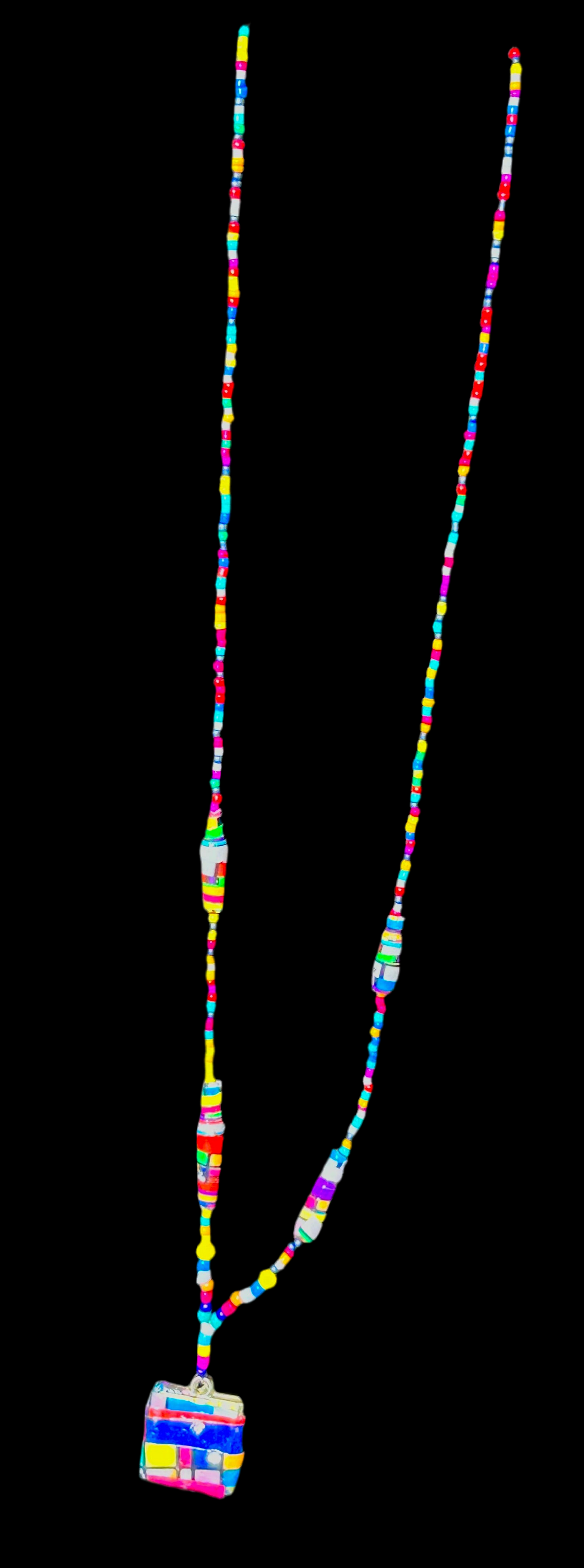 "Kandinsky-Inspired" Handmade SIngle Strand Muti-colored Necklace with Paper Beads Decoupage Pendant & Lobster Claw