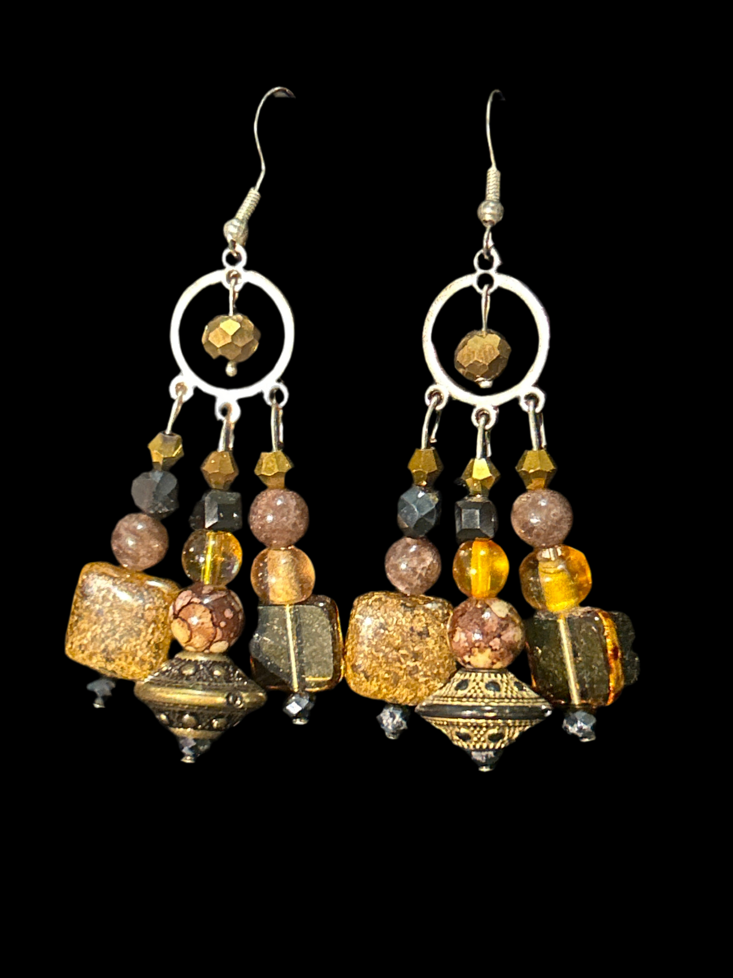 Brown and Bronze EarthTone Handmade ChandelEarrings w. Glass and Stone Beads~ original designs, funky unique pretty hypoallergenic