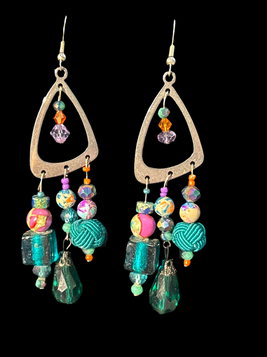Handmade ChandelEarrings with Natural Gemstones, Glass, & Crystal Beads ~ Round Funhouse Weird Teal Triple Drop Wackadoo