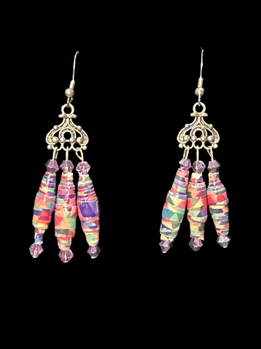 Pink and Purple Crystal tipped Handmade Earrings Paper Beads, Summer Shades, Colorful Chandelier earrings, original colorful unique pretty