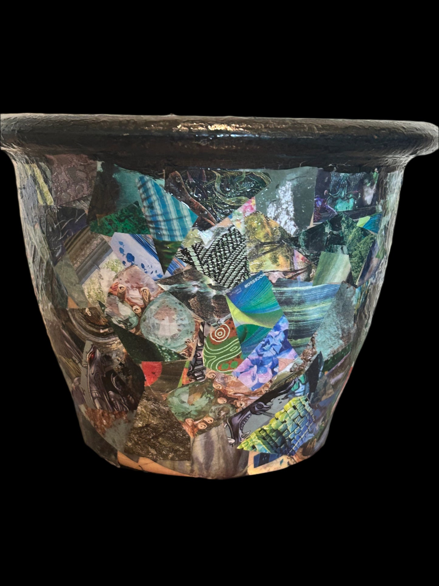 Planter Decoupage Abstract Collage Wrapped in "Green" ~ Resin Coat ~ Chaotic, Analog, Unique, Trippy, Handmade, RetroTech