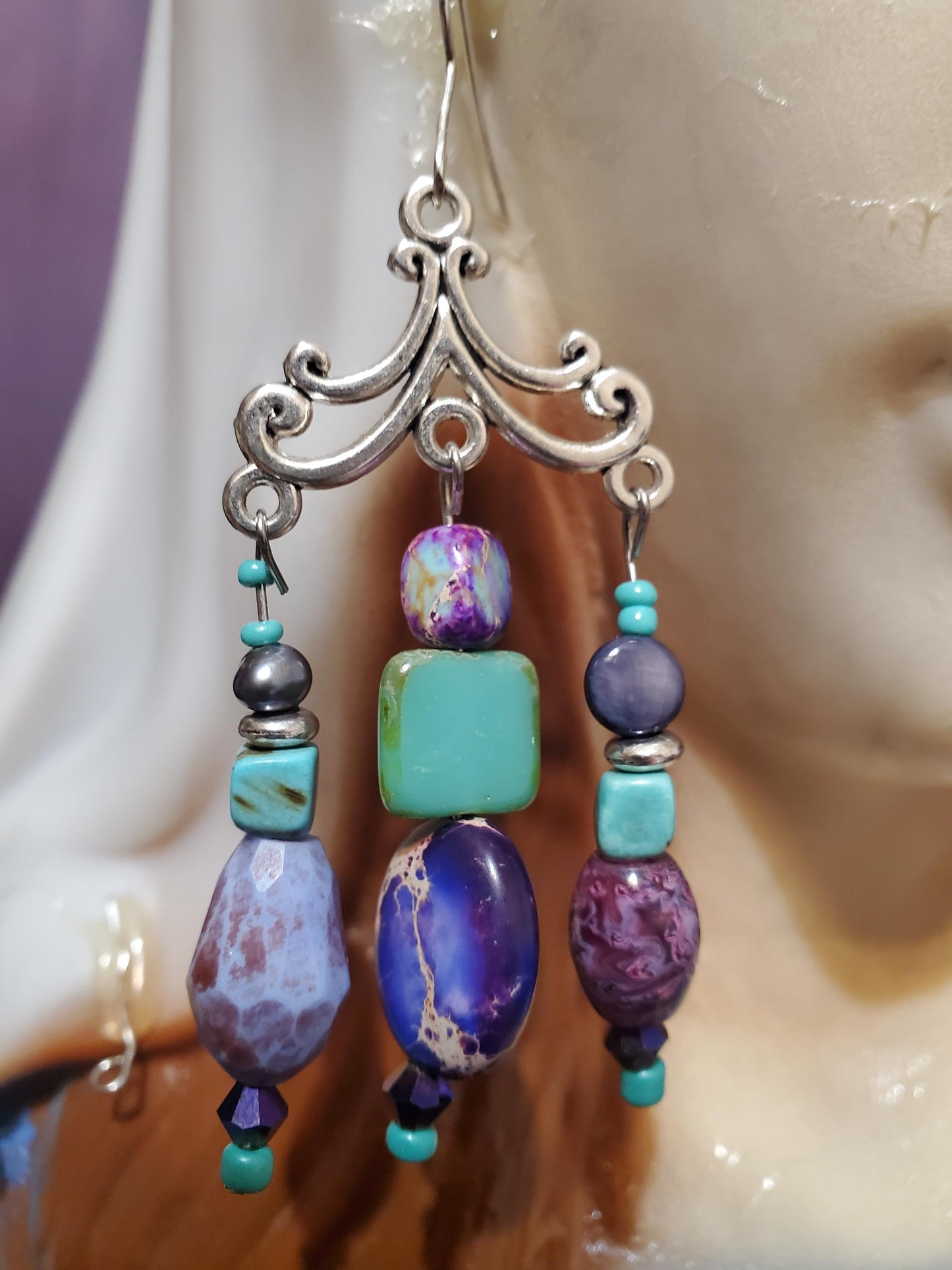 Royal Stone Chandelier Earrings Purple and Teal Gemstone Silver Plated Findings Unique from Royal Glass Bead Treasure Chest Hypoallergenic