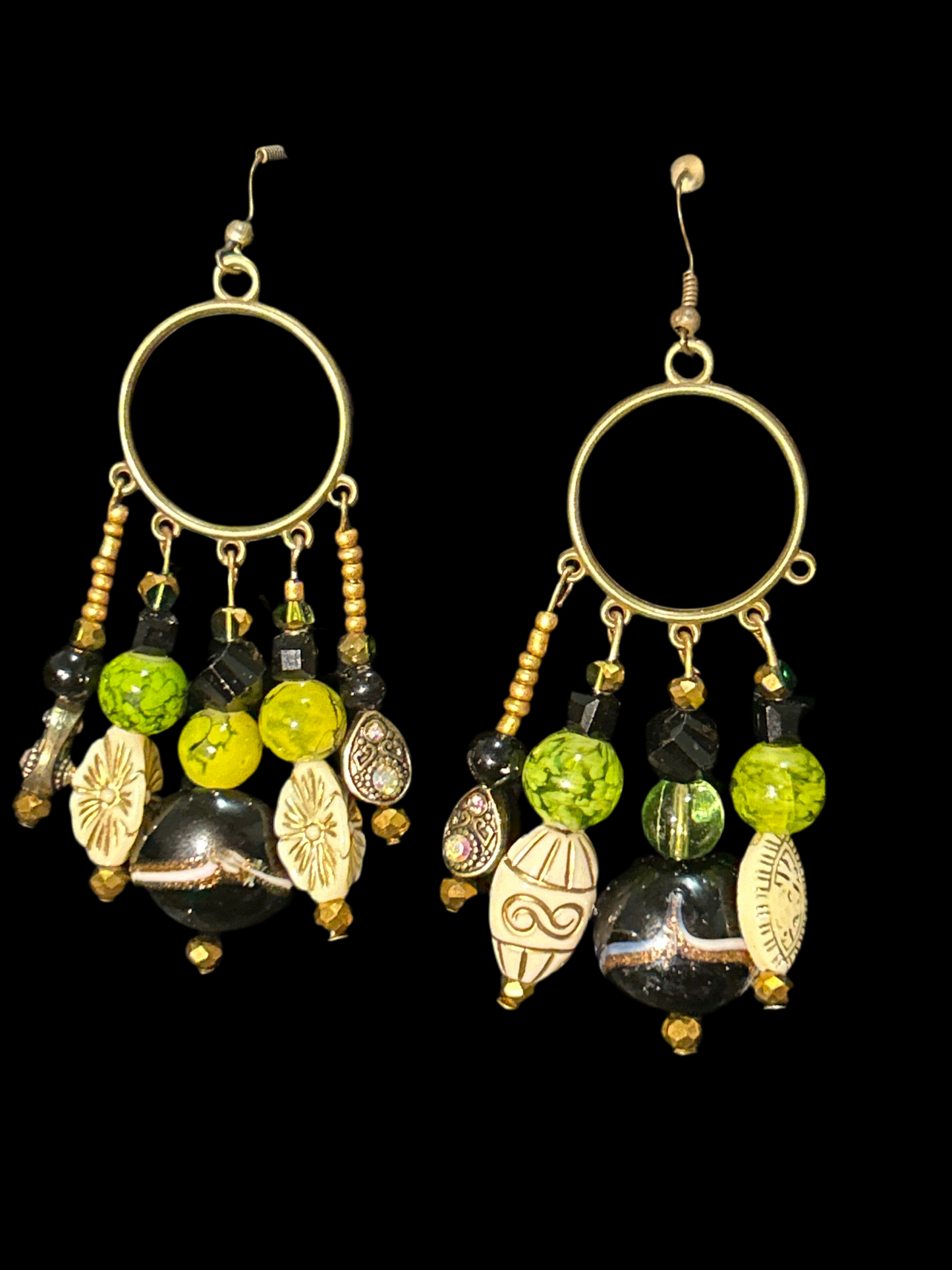 Green & Cream & Bronze Handmade ChandelEarrings w. Glass, Crystal, & Metal Beads~ original designs, funky unique pretty hypoallergenic