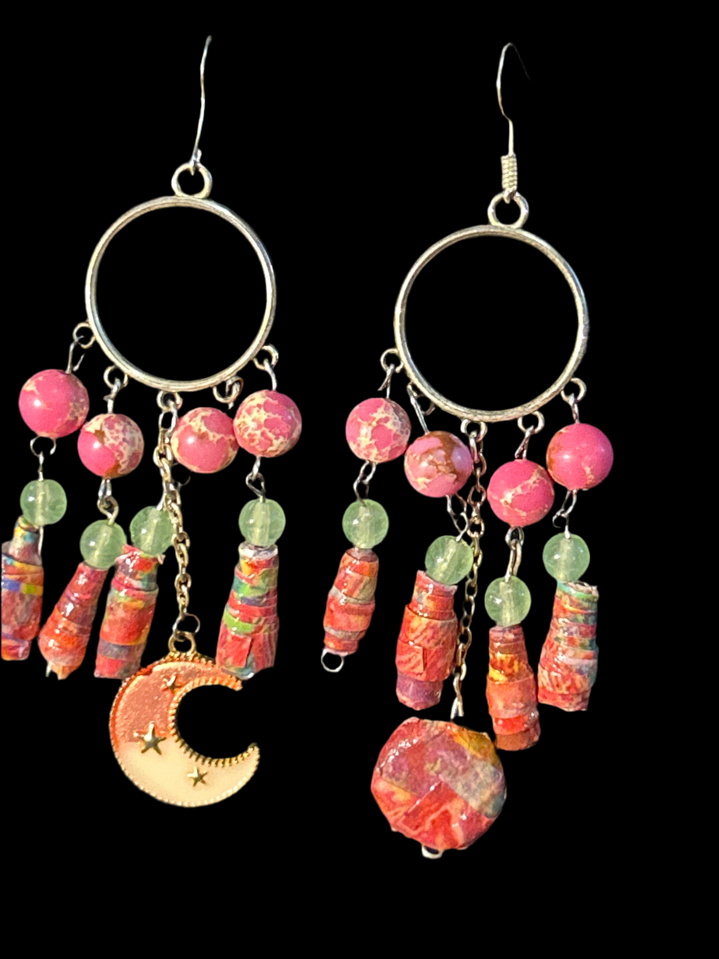 Pink and Green Handmade ChandelEarrings w. Paper Beads, Moon Charm, Glass, Decoupage Beads~ original designs, funky unique pretty hypoallergenic