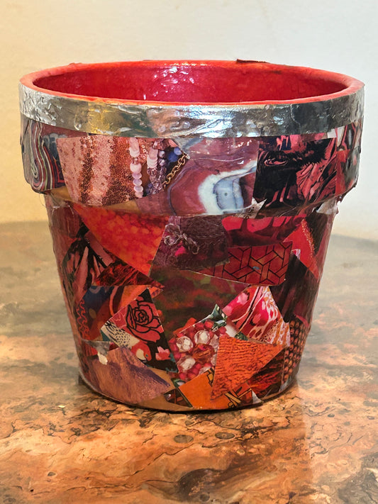 Small Red Planter Decoupage Abstract Collage Wrapped in "Red" Silver lined ~ Resin Coat ~ Chaotic, Analog, Unique, Trippy, Handmade, RetroTech