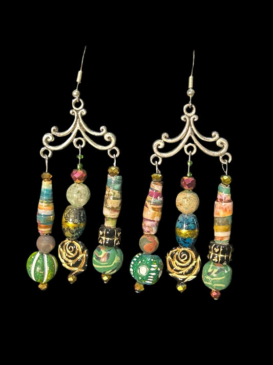 Green & Gold Earth Tones Handmade ChandelEarrings w. Glass, Paper, & Crystal Beads~ original designs, funky unique pretty hypoallergenic