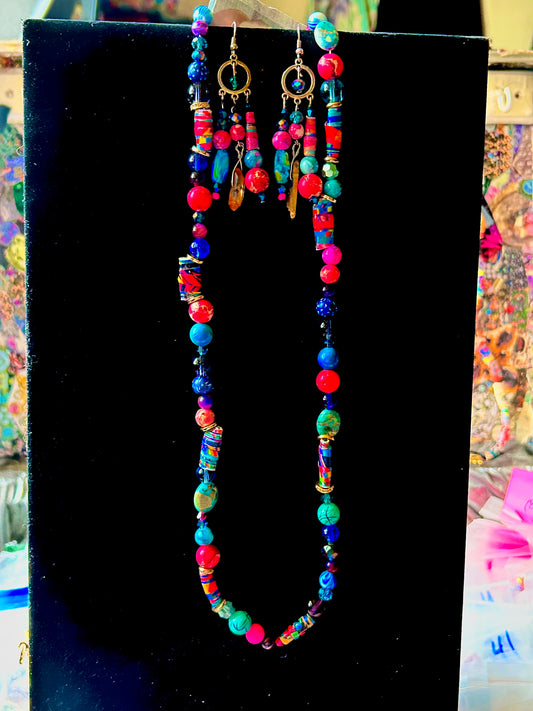 Bright Pink & Blue Artisan Handcrafted Beaded Necklace & Earring Set ~ Brilliant Unique Colorful (Copy)