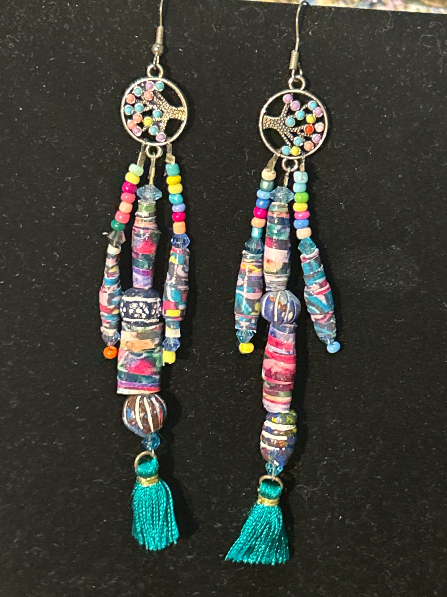 Tree of Life Pastel Tassel Handmade ChandelEarrings w. clay, Paper, & glass Beads~ original designs, funky unique pretty hypoallergenic