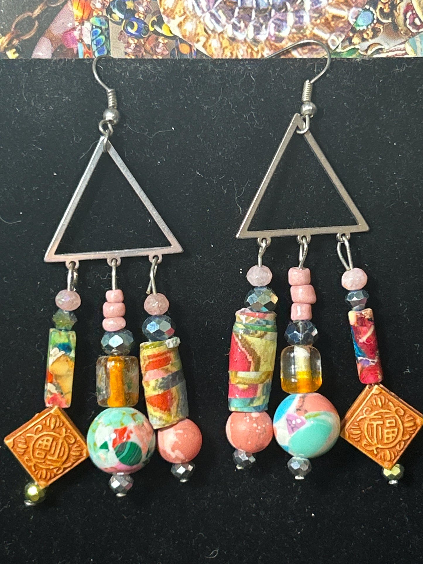 Pink & Green Earth tones ChandelEarrings Hand crafted earrings clay gemstones paper beads original