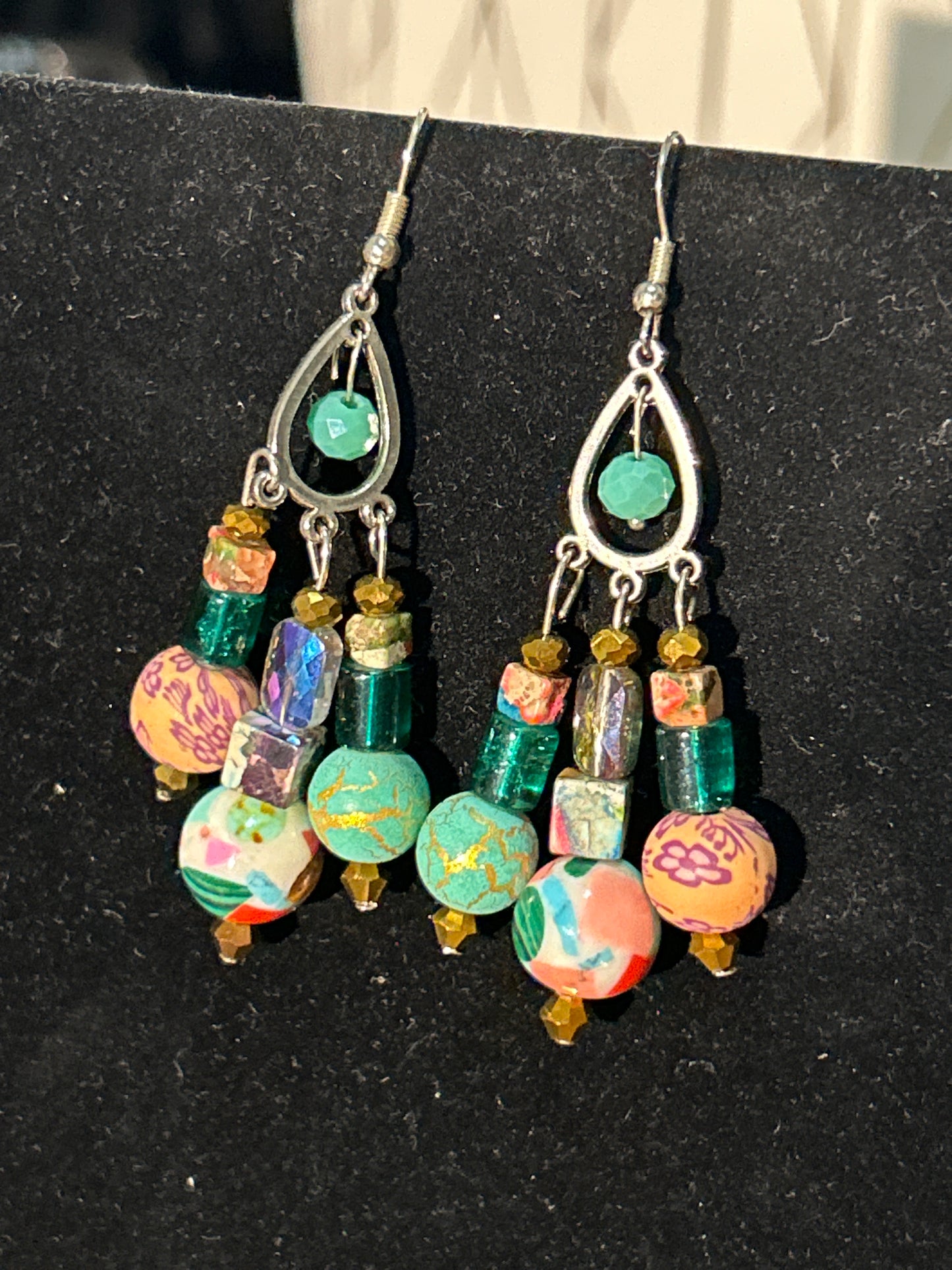 Peachy Green Handmade ChandelEarrings w. Clay, Stone, & Crystal beads ~ original designs funky unique pretty hypoallergenic