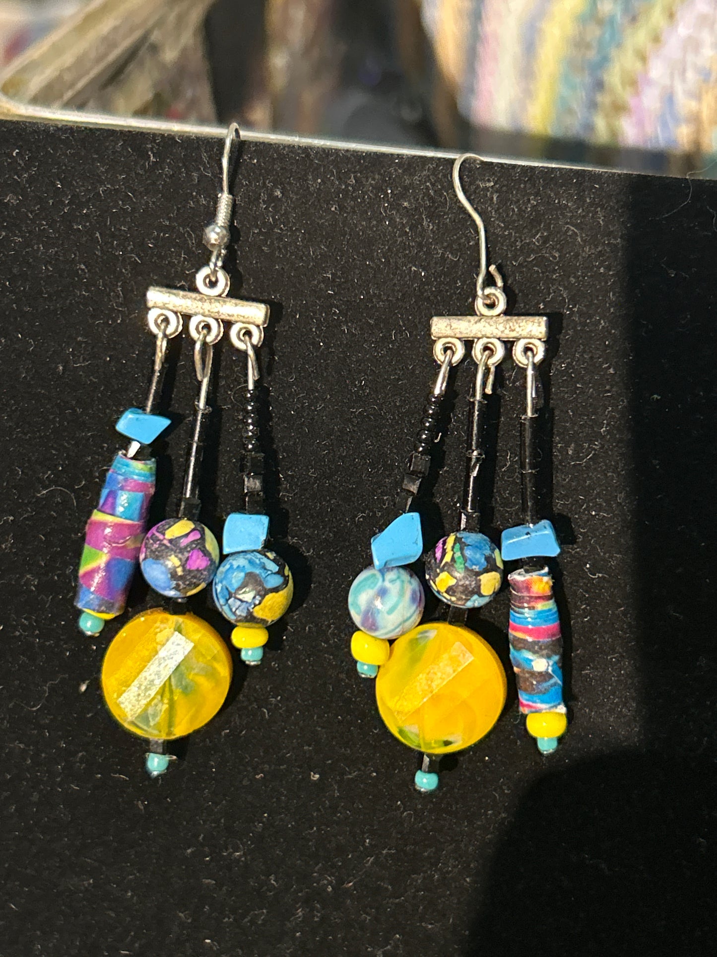 Neon Retro Yellow Handmade  Chandelearrings w. Glass & Paper Beads~ original designs funk and flair unique fun original hypoallergenic