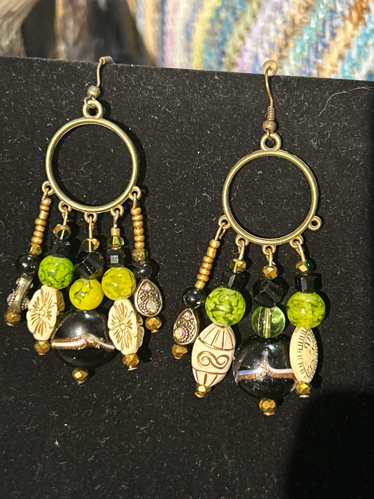 Green & Cream & Bronze Handmade ChandelEarrings w. Glass, Crystal, & Metal Beads~ original designs, funky unique pretty hypoallergenic