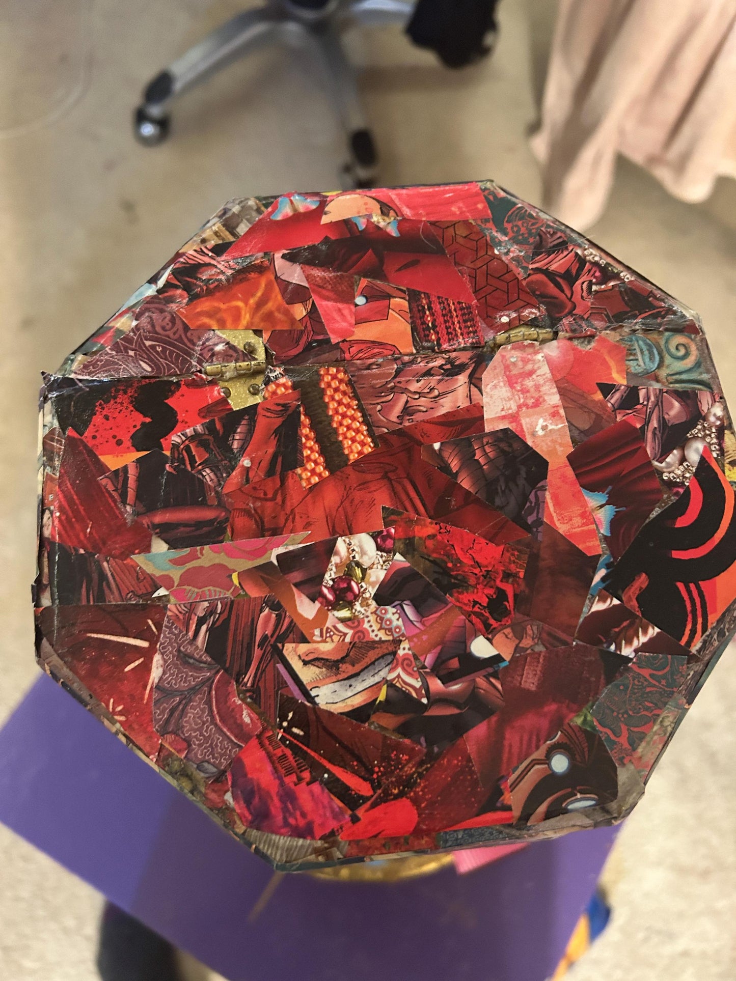 Red Decoupage Collage Wrapped Wood Box ~ Chaotic, Analog, Unique, Trippy, Handmade, Retro