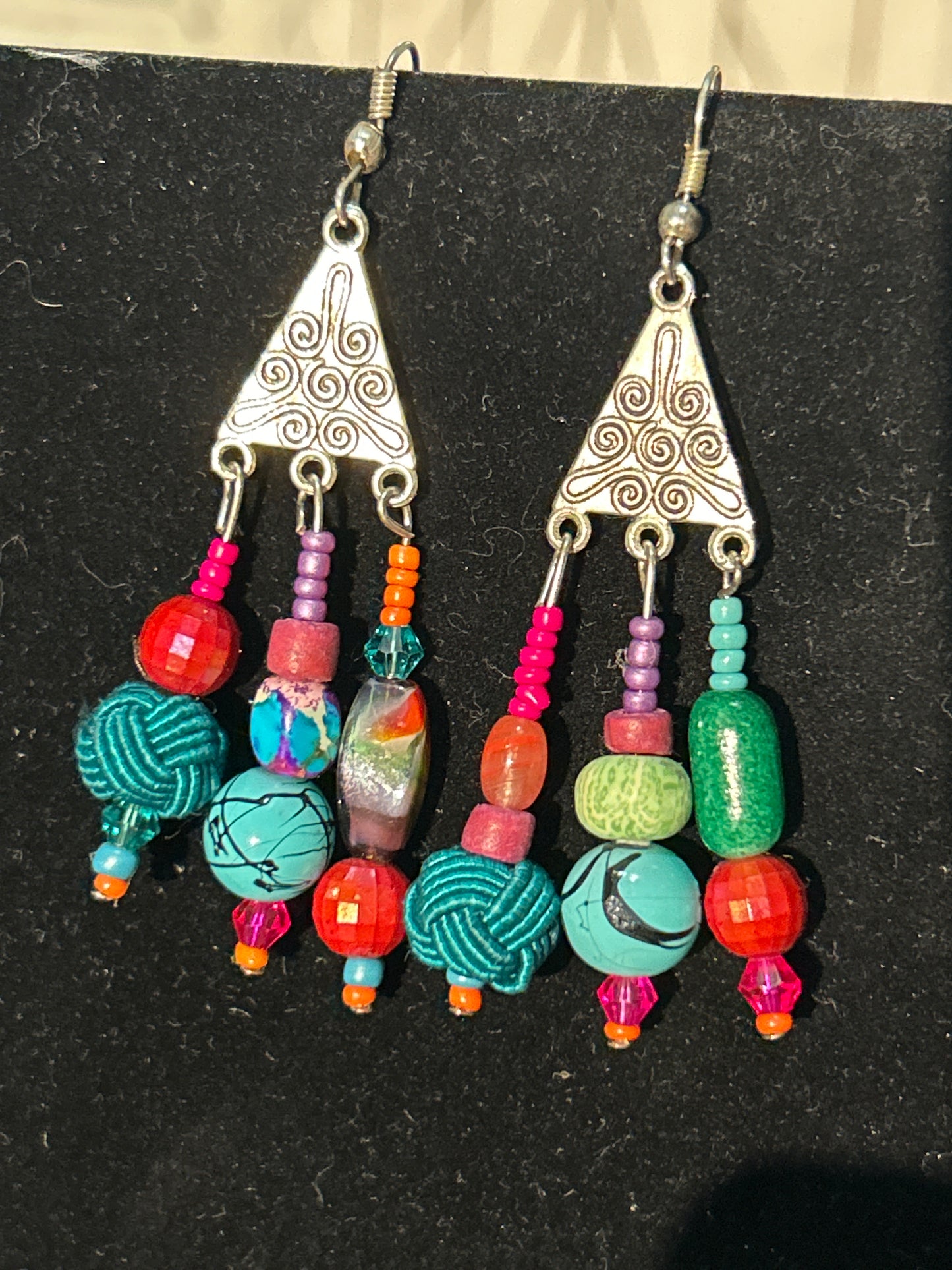 Temu WHAT ! Handmade ChandelEarrings w. Glass, GemStone, & Fabric beads ~ original designs funky unique pretty hypoallergenic findings
