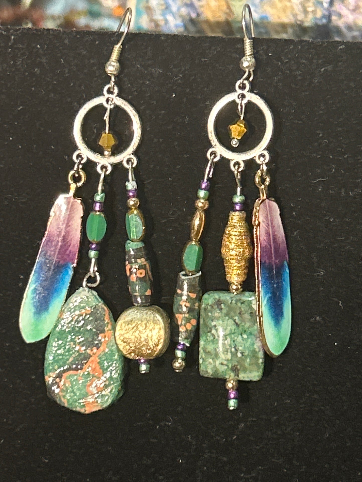 Green & Gold Trim Fly Feather Handmade ChandelEarrings w. Glass, Paper, & Crystal Beads~ original designs, funky unique pretty hypoallergenic