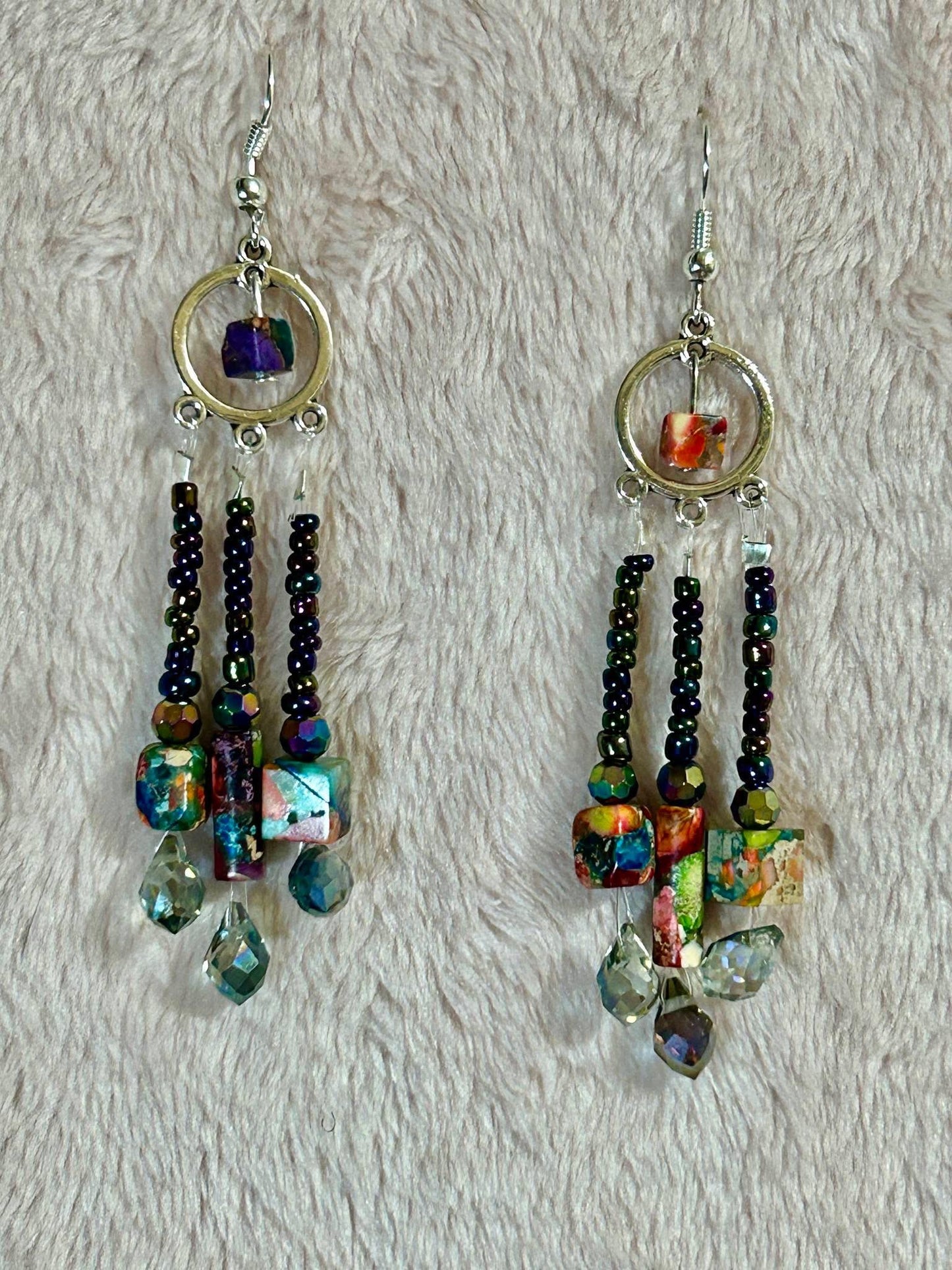 Rainbow Jasper cube Handmade Earrings Gemstones, glass crystal, irides Shades, Chandeleir earrings, original colorful unique pretty