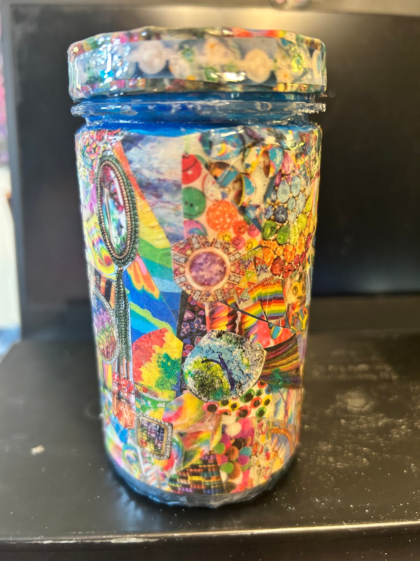 Decoupage Abstract Collage Wrapped Canister in "Everycolor" ~ Resin Coat ~ Chaotic, Analog, Unique, Trippy, Handmade, RetroTech