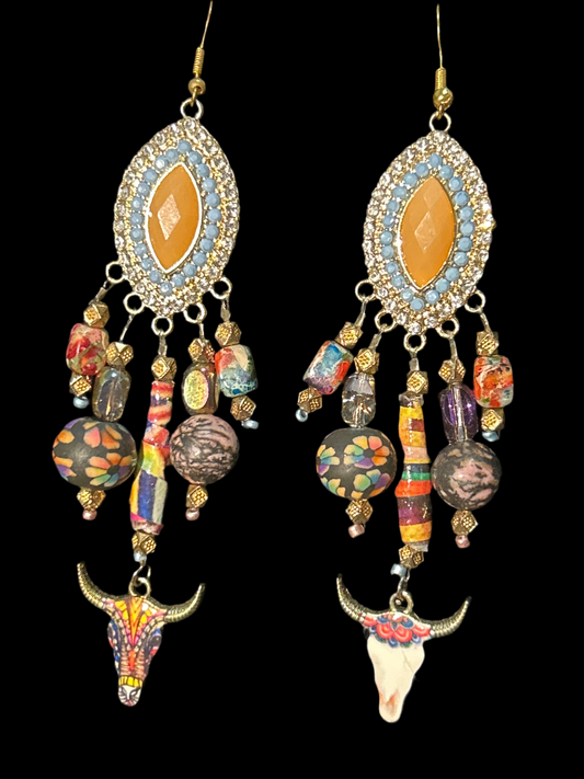 Far-Out West Handmade ChandelEarrings w. Paper, clay, & Gemstone Beads~ original designs, funky unique pretty hypoallergenic