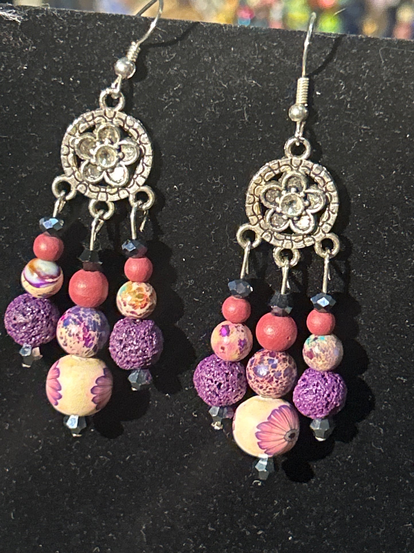 Pink & Purple Handmade ChandelEarrings w. Glass, Stone & Lava beads ~ original designs, funky unique pretty hypoallergenic