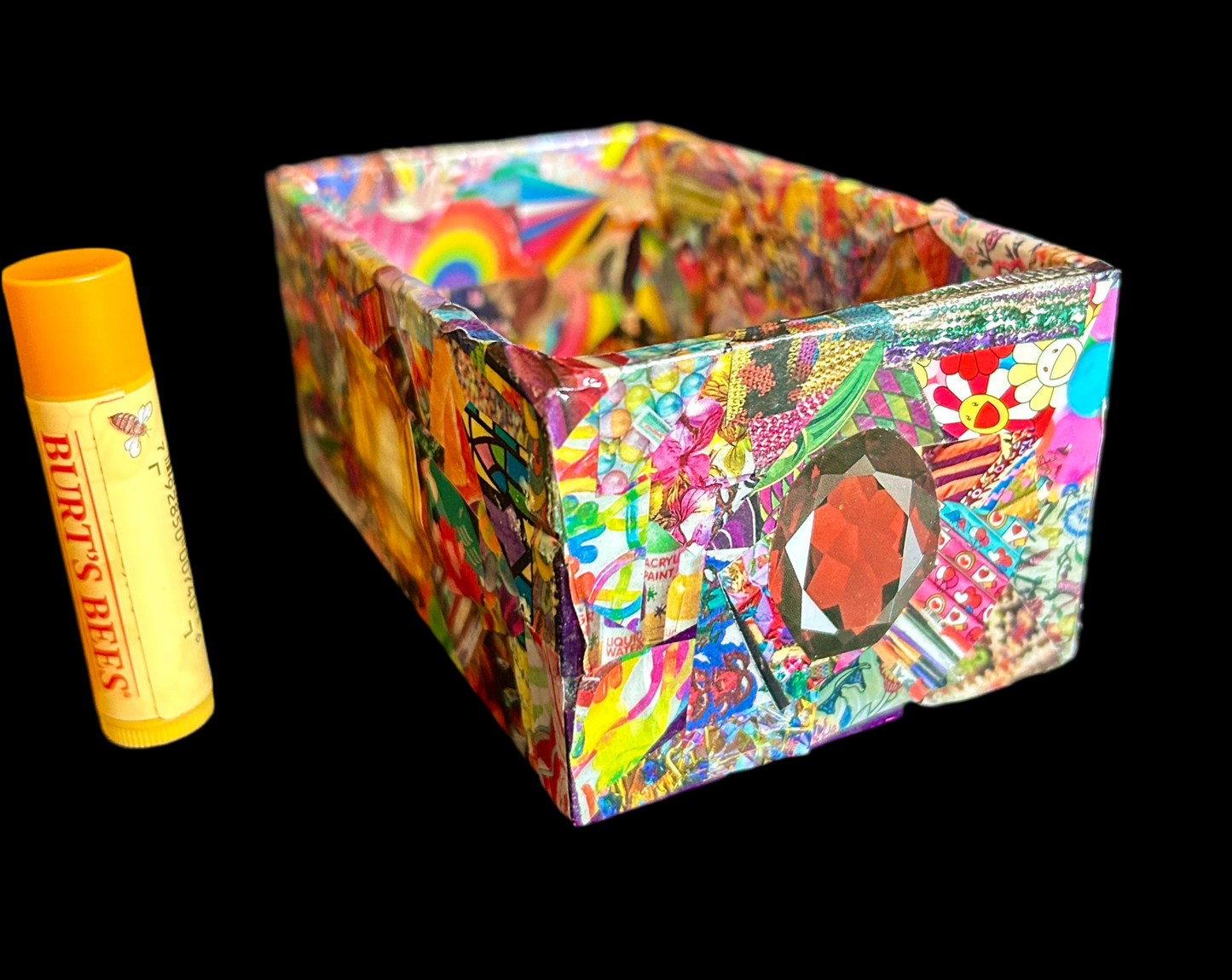 Multi-Colored Psychedelic w/ Red & Yellow Gems Gilded Mod Podge Paper Collage Decorative Arts Wood Crate  Handmade 2024 USA
