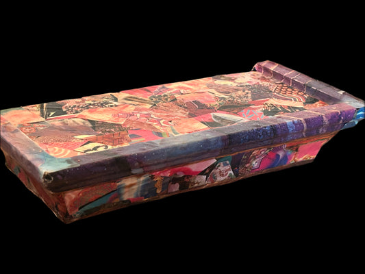 Free Hanging Shelf Decoupage Abstract Collage Wrapped in "Pink and Blue" ~ Resin Coat ~ Chaotic, Analog, Unique, Trippy, Handmade, RetroTech
