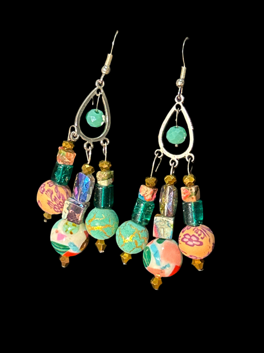 Peachy Green Handmade ChandelEarrings w. Clay, Stone, & Crystal beads ~ original designs funky unique pretty hypoallergenic