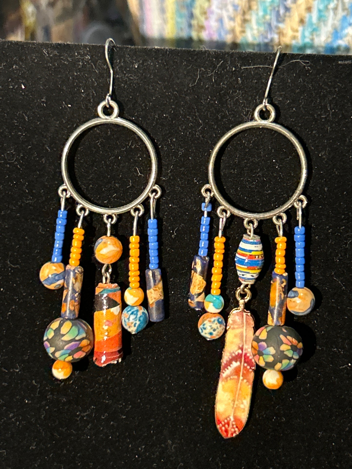 Orange and Blue Feather Handmade ChandelEarrings w. Clay, Paper, & Gemstone Beads~ original designs, funky unique pretty hypoallergenic
