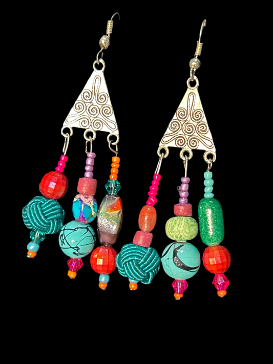 Temu WHAT ! Handmade ChandelEarrings w. Glass, GemStone, & Fabric beads ~ original designs funky unique pretty hypoallergenic findings