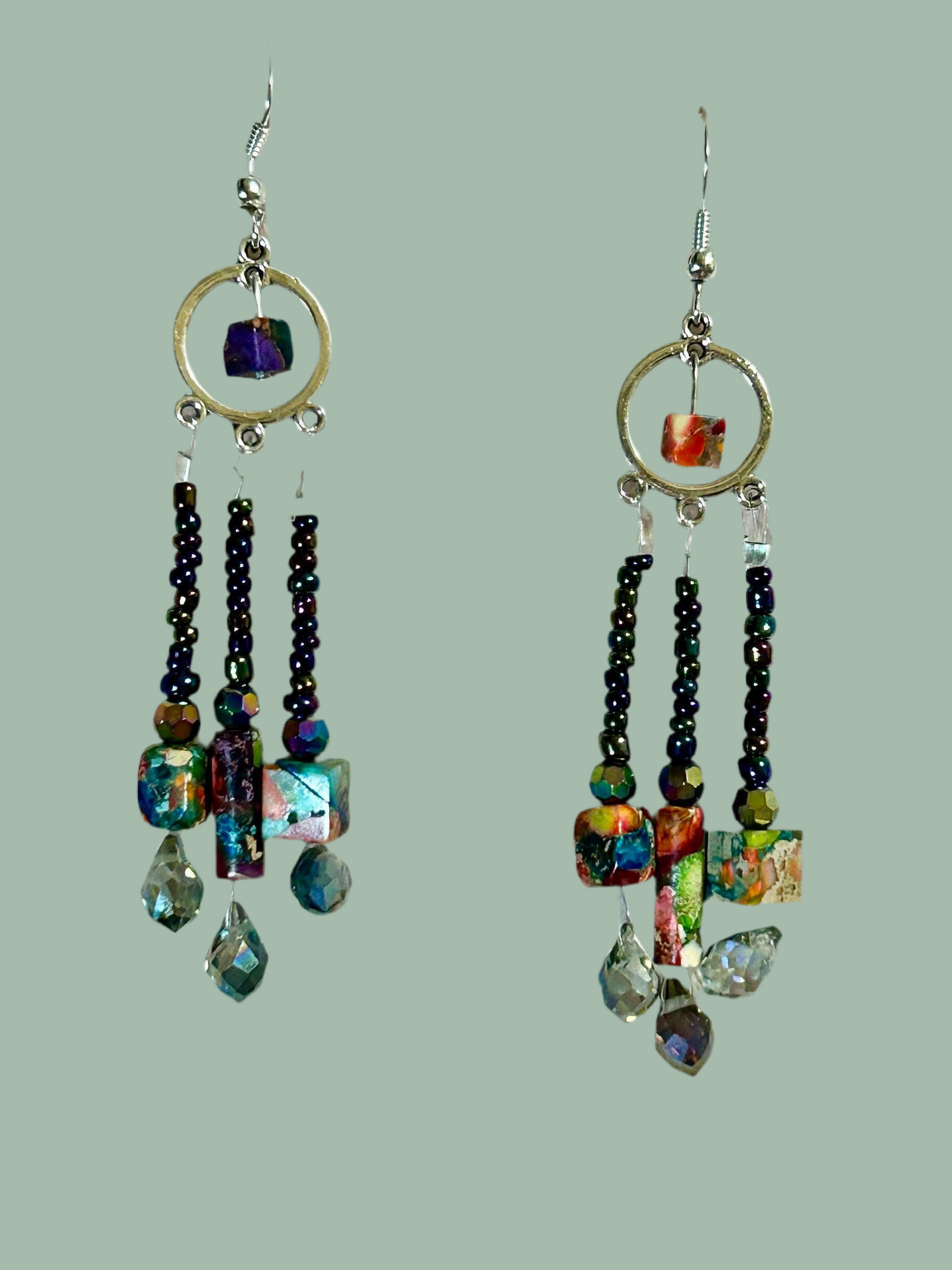Rainbow Jasper cube Handmade Earrings Gemstones, glass crystal, irides Shades, Chandeleir earrings, original colorful unique pretty
