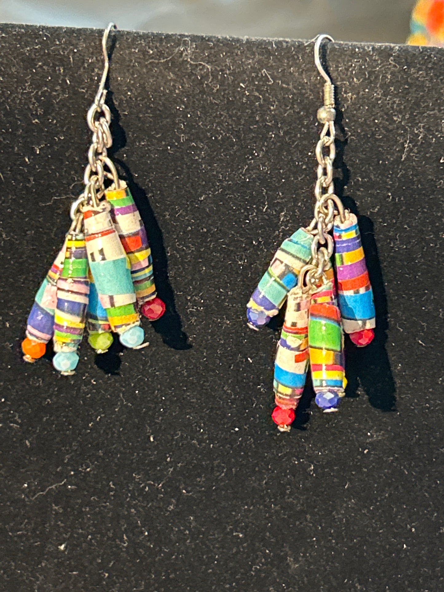 Colorful Geometric Kandinsky-esque Handmade Paper Beads in Chain Cluster with Crystal Tips ~ Hypoallergenic silver-plated findings