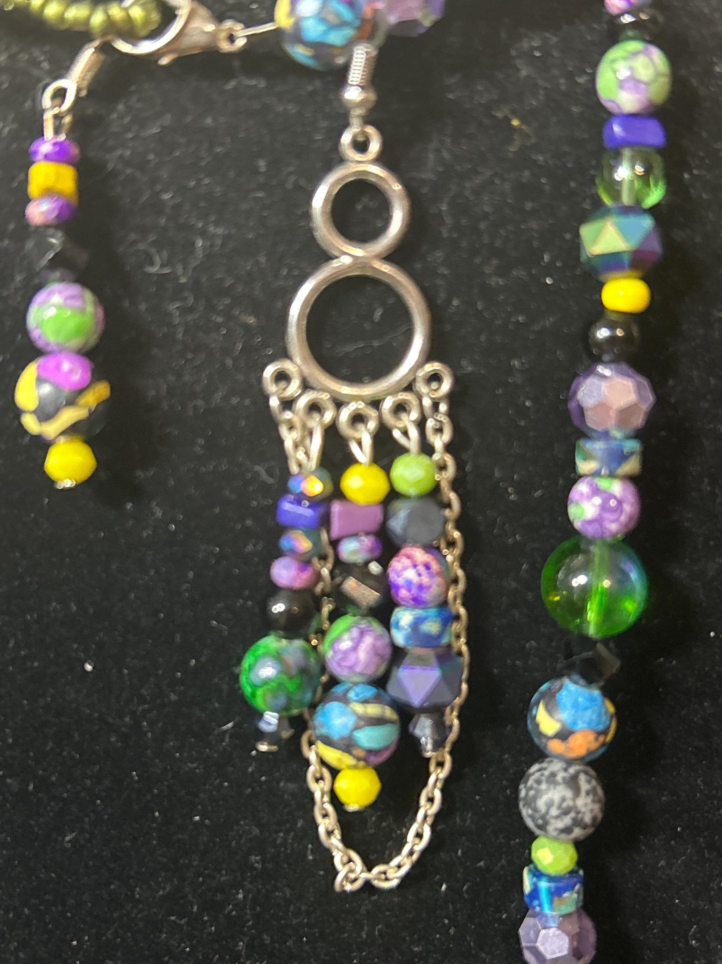 Multi-colored Handmade Set of Necklace and 2 Pairs of Earrings, Genstones and Glass Beads Purple Yellow and Green