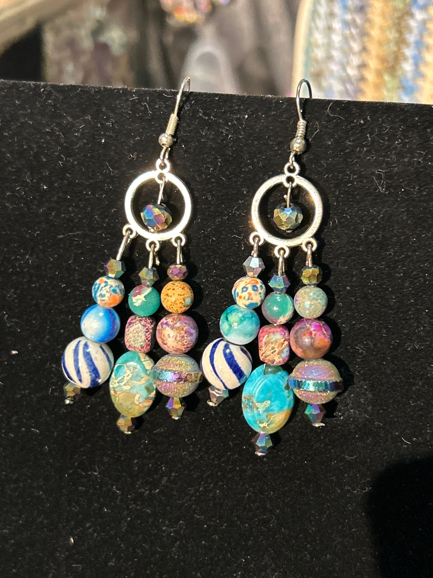 Spaced Out Handmade ChandelEarrings w. glass & stone Beads~ original designs, funky unique pretty hypoallergenic
