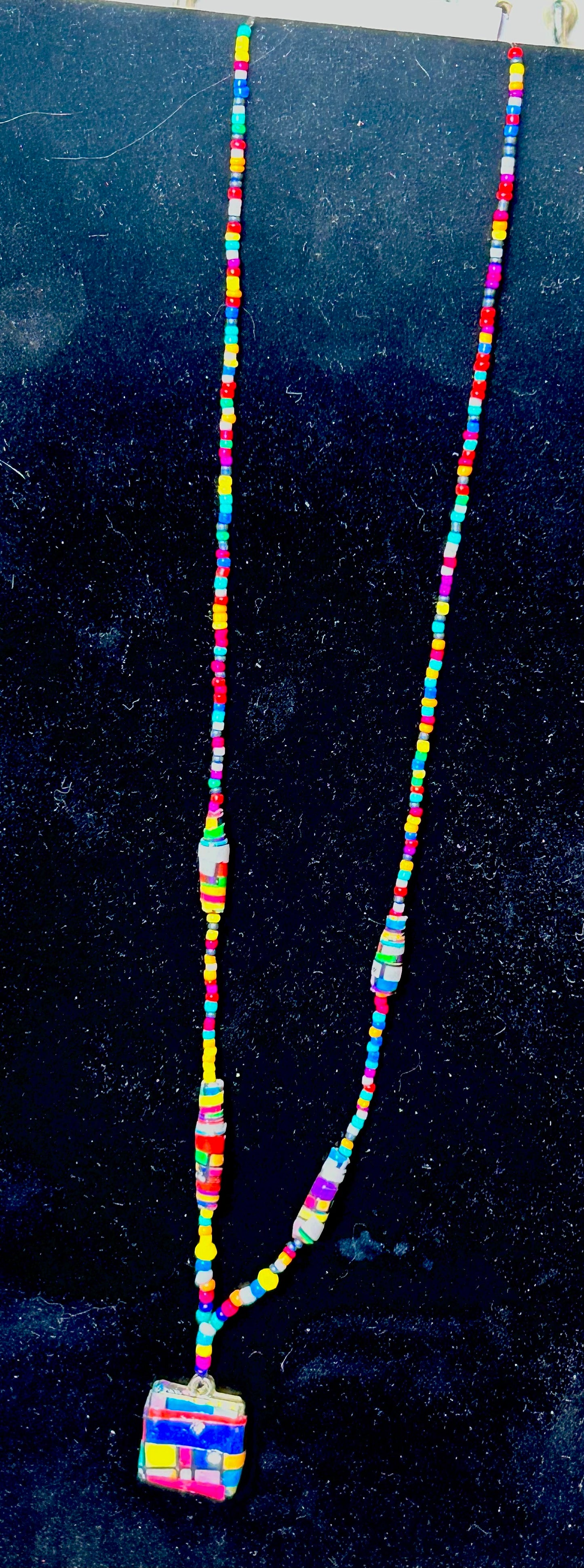 "Kandinsky-Inspired" Handmade SIngle Strand Muti-colored Necklace with Paper Beads Decoupage Pendant & Lobster Claw