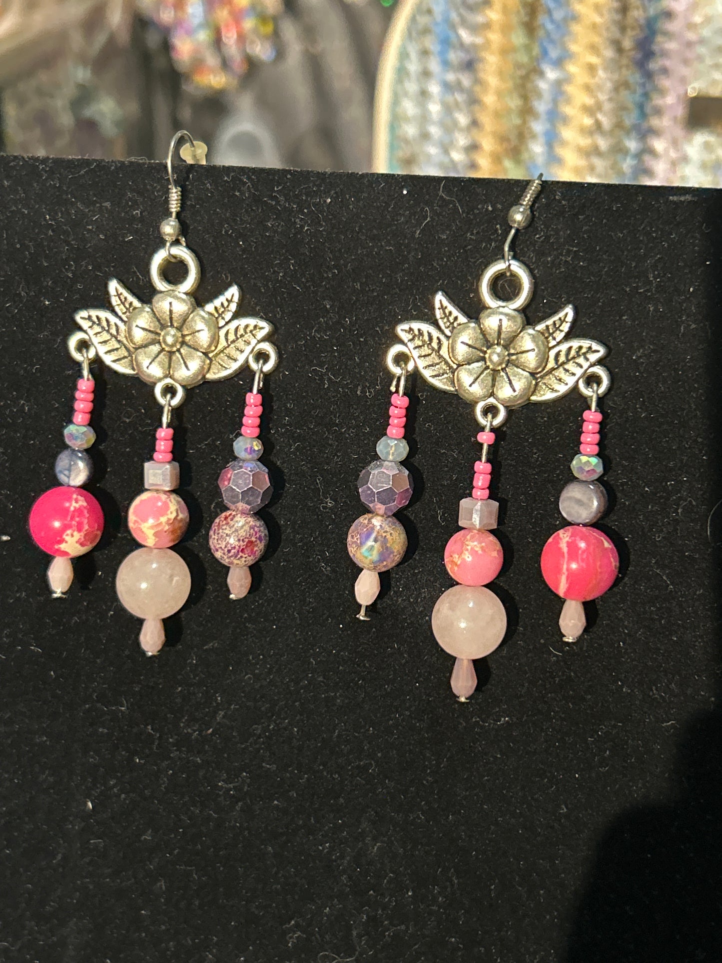 Pink Hot Pink Flower Crown Handmade ChandelEarrings w. glass & stone Beads~ original designs, funky unique pretty hypoallergenic