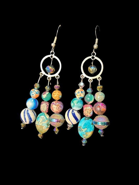 Spaced Out Handmade ChandelEarrings w. glass & stone Beads~ original designs, funky unique pretty hypoallergenic