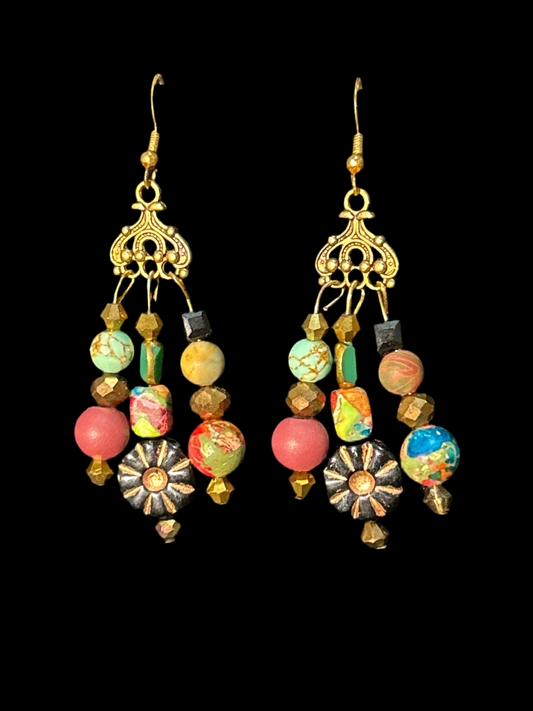 Lava & Imperial Rainbow Jasper Handmade ChandelEarrings w. Lava, Acrylic & Gemstone Beads~ original designs, funky unique pretty hypoallergenic