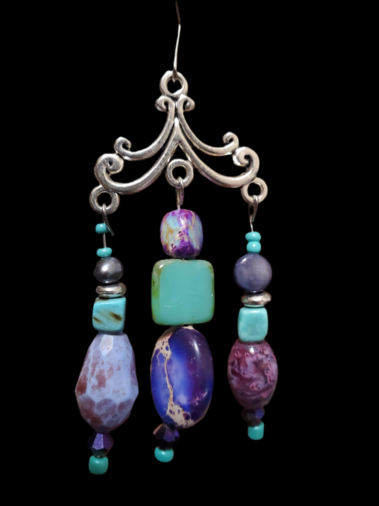Royal Stone Chandelier Earrings Purple and Teal Gemstone Silver Plated Findings Unique from Royal Glass Bead Treasure Chest Hypoallergenic