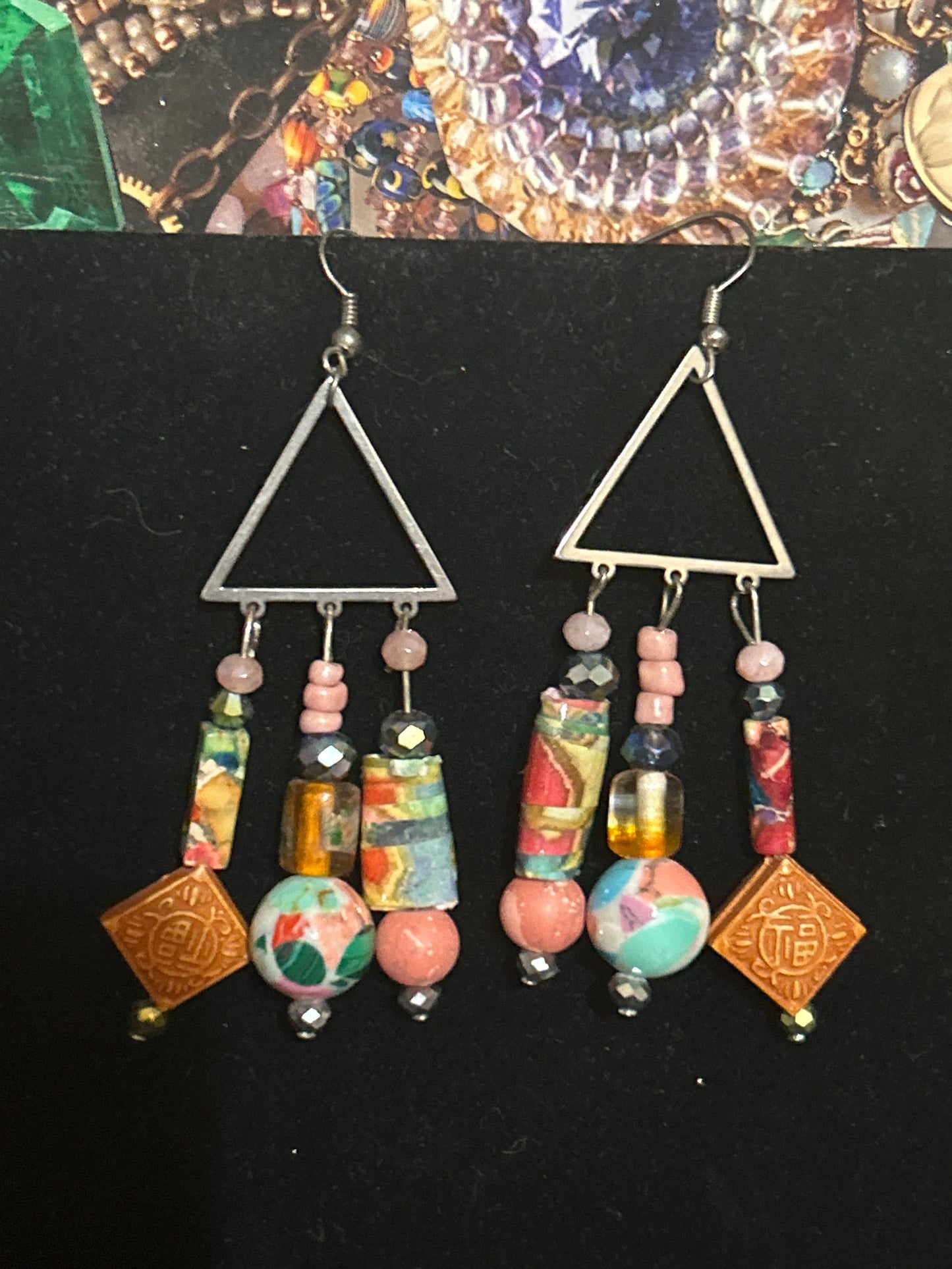 Pink & Green Earth tones ChandelEarrings Hand crafted earrings clay gemstones paper beads original