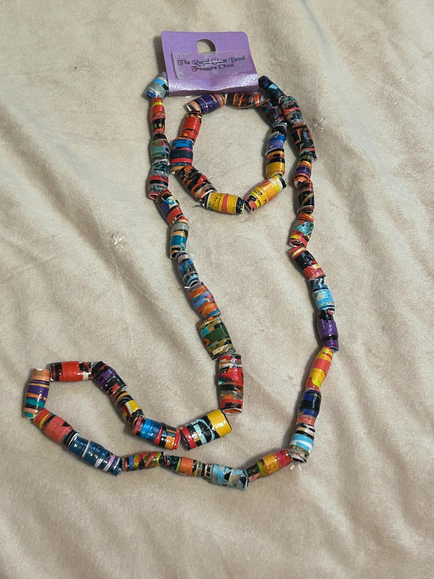 Krobo Style Paper Bead Necklace Set of 8, Multi-Colored Ethnic, Glazed