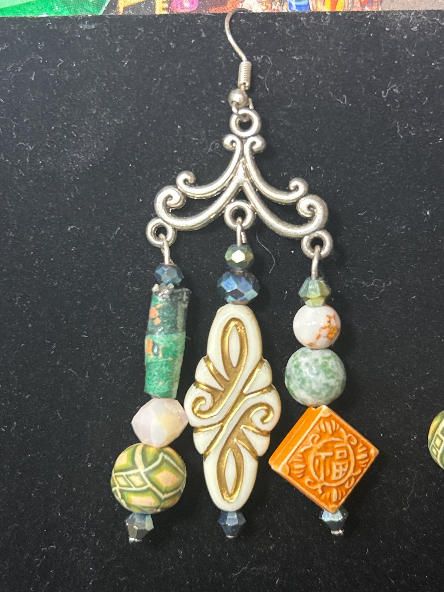 Earth tones ChandelEarrings Hand crafted earrings cream & green clay gemstones glass
