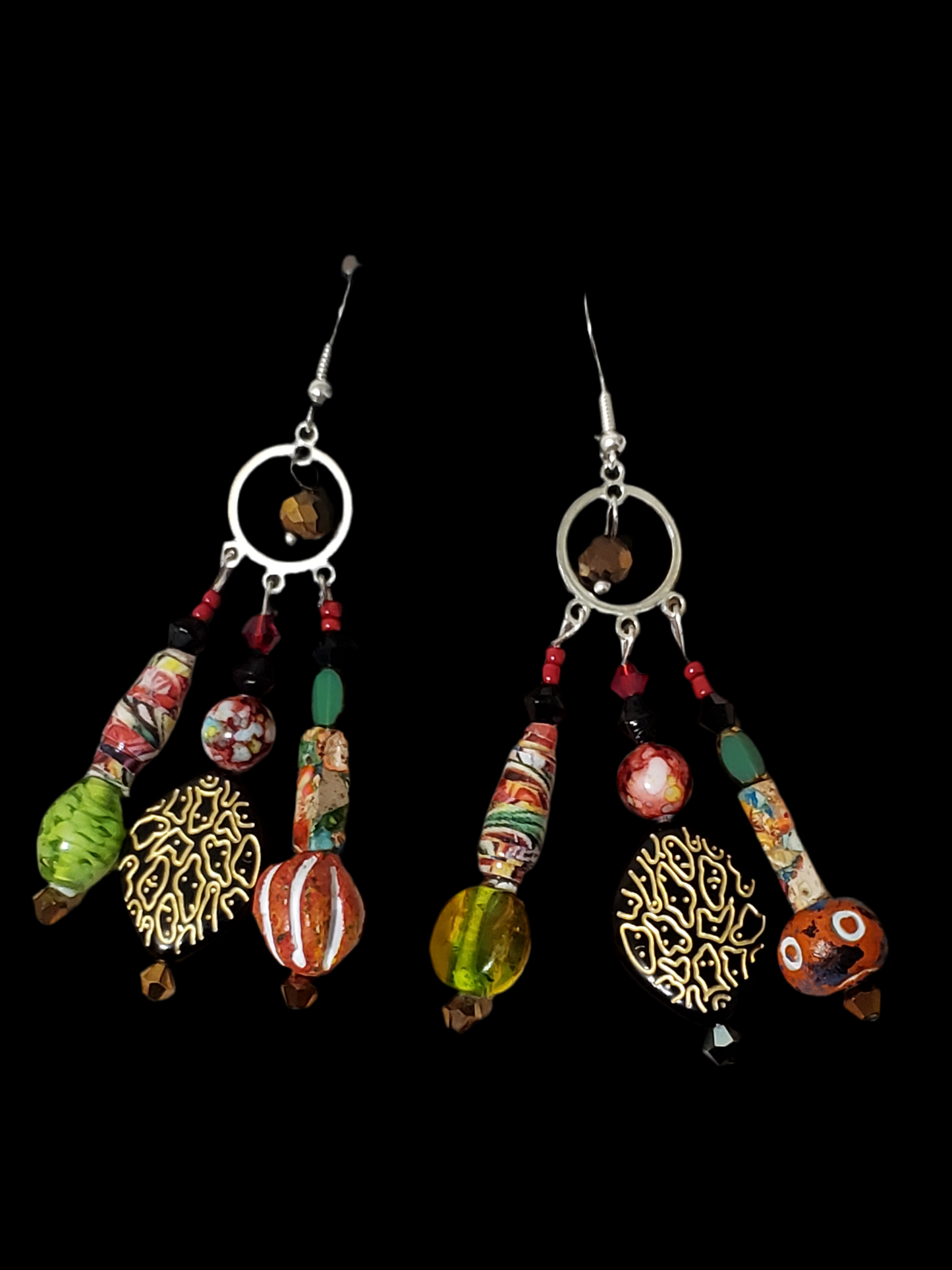 (3) Ethnic & Earthy Vibe ChandelEarrings with Paper Beads and Rainbow Imperial Jasper Earrings