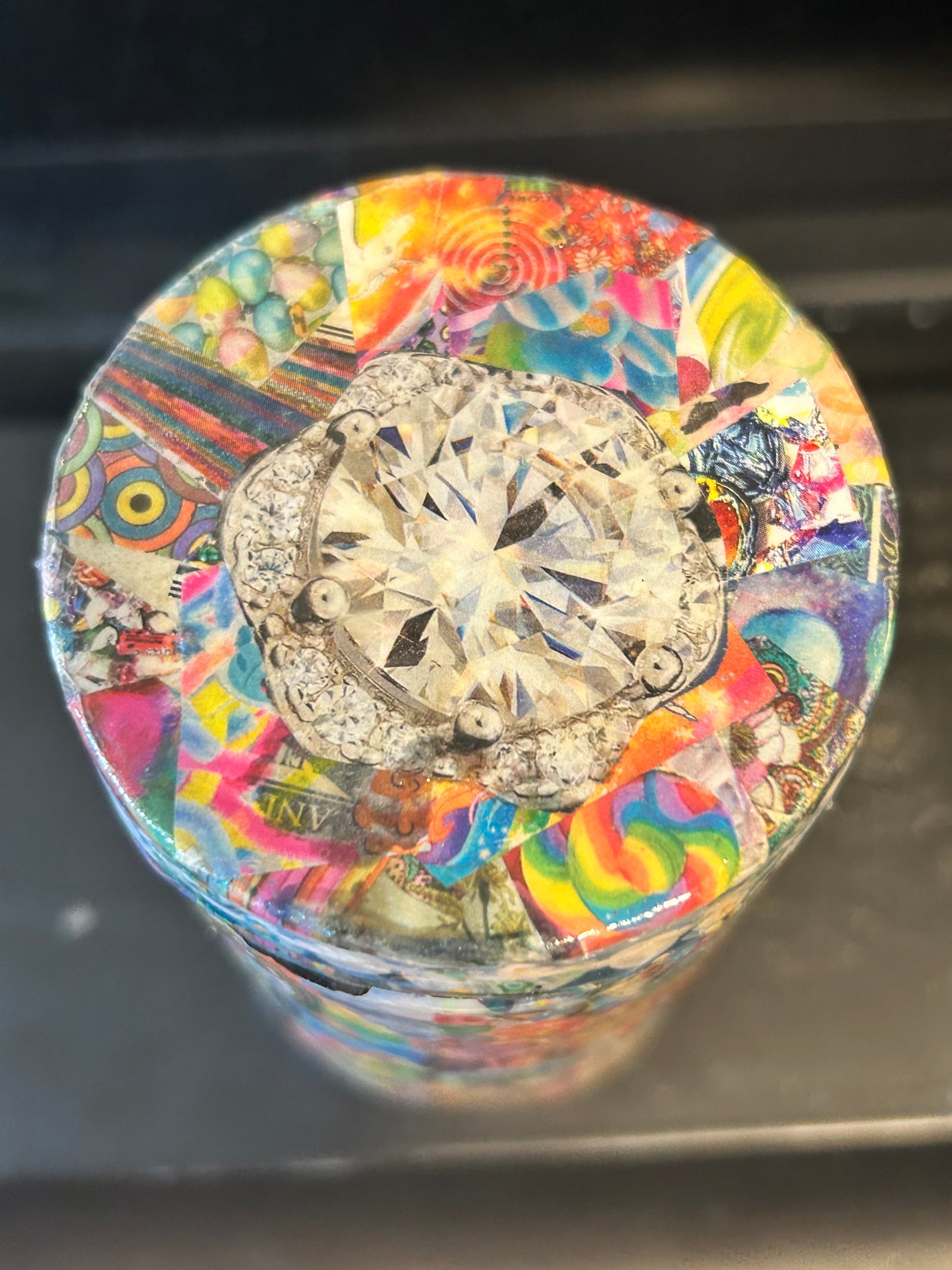 Decoupage Abstract Collage Wrapped Canister in "Everycolor" ~ Resin Coat ~ Chaotic, Analog, Unique, Trippy, Handmade, RetroTech