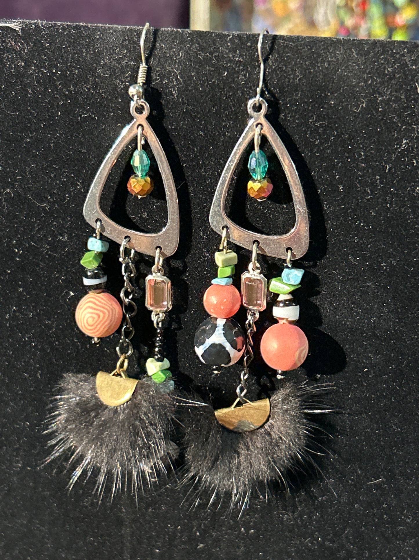 Fuzzy Peach And Green Funhouse Handmade BalanceMatch ChandelEarrings w. Clay, Stone,  & Crystak beads ~ original designs funky unique pretty hypoallergenic