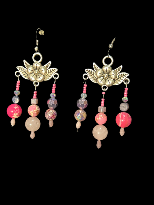 Pink Hot Pink Flower Crown Handmade ChandelEarrings w. glass & stone Beads~ original designs, funky unique pretty hypoallergenic