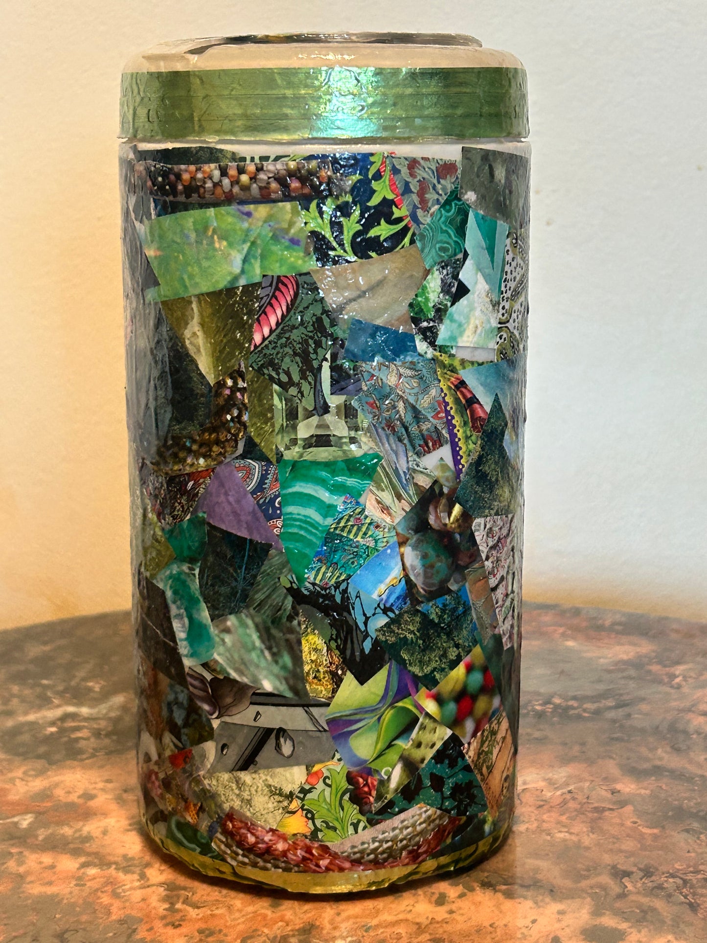 Green Plastic Repurposed Lysol Wipes container Decoupage Abstract Collage Wrapped in "Green" Silver lined ~ Resin Coat ~ Chaotic, Analog, Unique, Trippy, Handmade, RetroTech