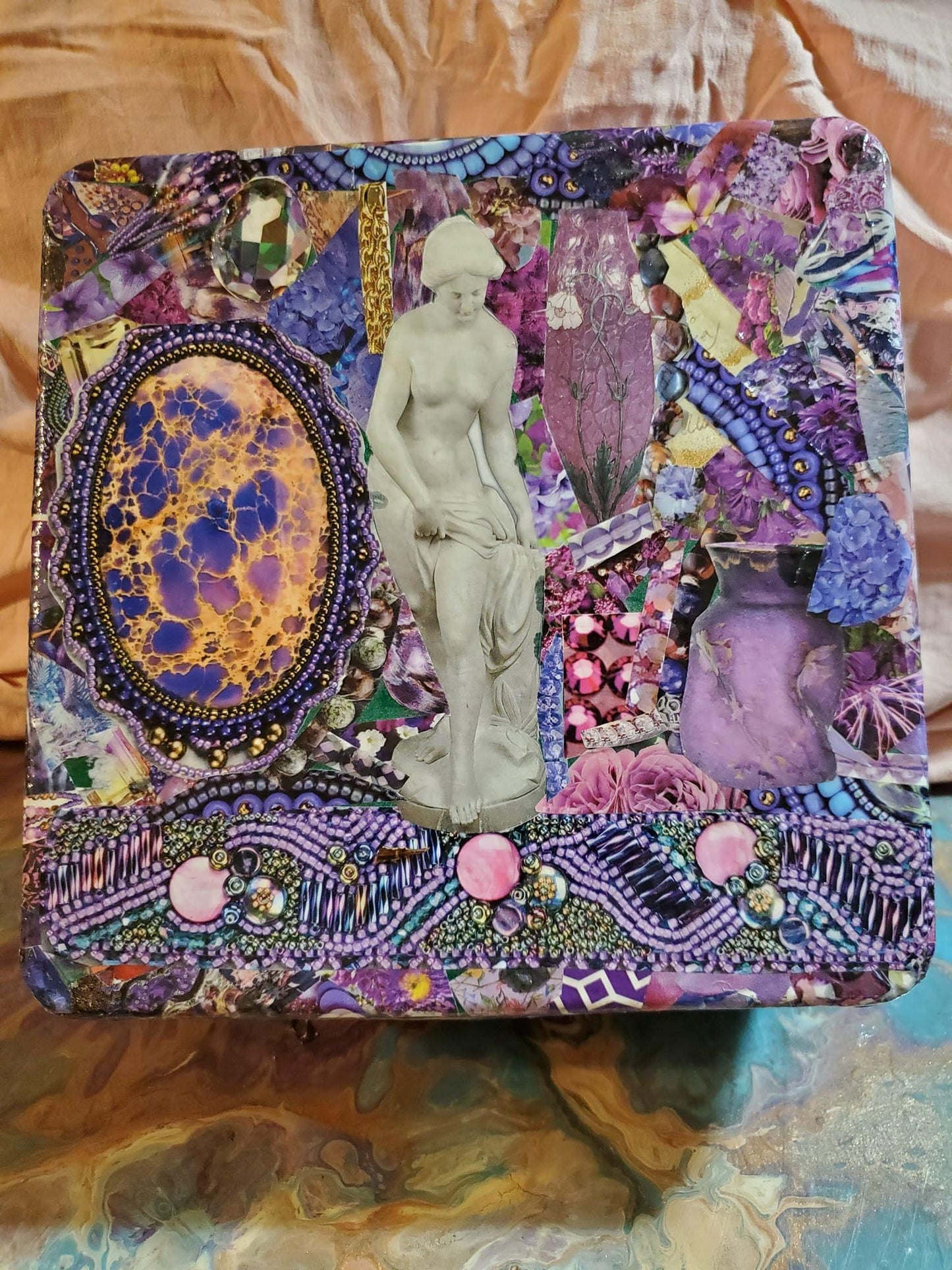 Wall Art Purple Elegant Bead Collage with Porcelain Goddess Statue design Wall Art Decoupage Dynamic Ucycled Tin Lid Handmade