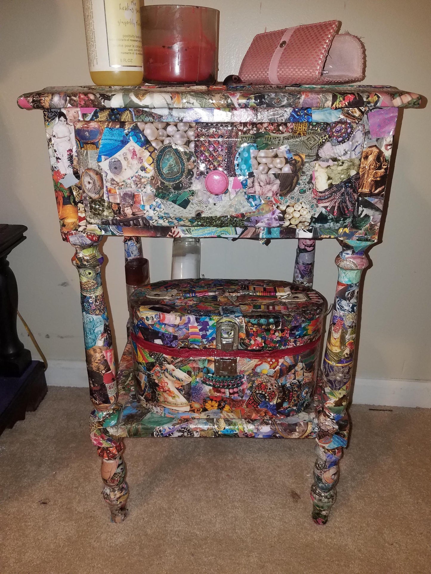Bedside Table Unique Splattered with Gems and Everycolor Decoupage Collage Original Handmade Durable Epoxy Resin Beautiful
