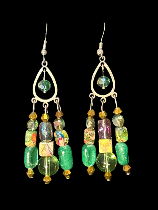 Green & Rainbow Jasper EarthTone Handmade ChandelEarrings w. Glass and Stone Beads~ original designs, funky unique pretty hypoallergenic