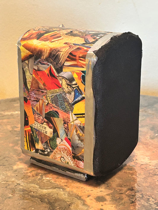 Small Speaker Works Decoupage Abstract Collage Wrapped in "Yellow" Silver lined ~ Resin Coat ~ Chaotic, Analog, Unique, Trippy, Handmade, RetroTech