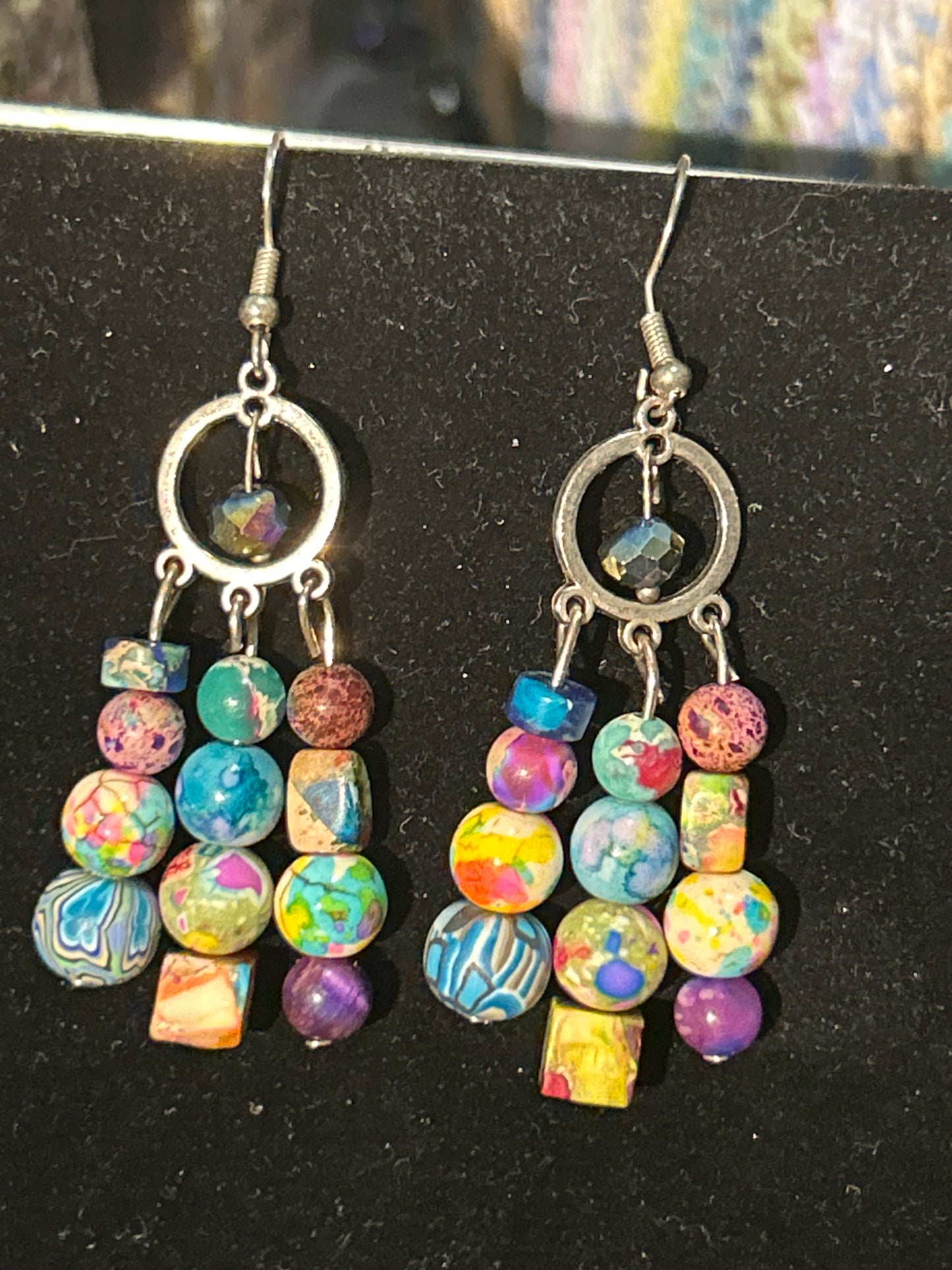 Splatter Stones Handmade Chandelearrings w. Gemstone & Clay Besds ~ original designs funk and flair unique fun original hypoallergenic